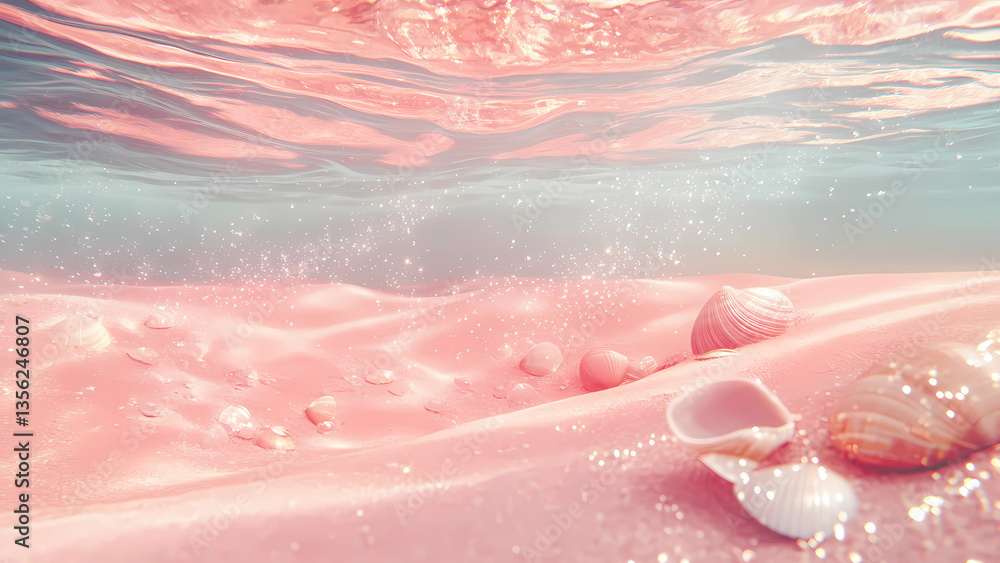 Fototapeta premium The pink sea sways, underwater is a sparkling shell-covered white sand beach, flashing dreamlike golden light, low perspective, vivid water waves and sparkling texture, realistic style, surreal
