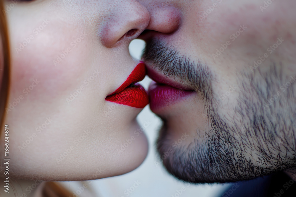 Romantic close-up of a couple about to kiss, featuring red lips and intimate expression Romantic close-up of a couple about to kiss, featuring red lips and intimate expression