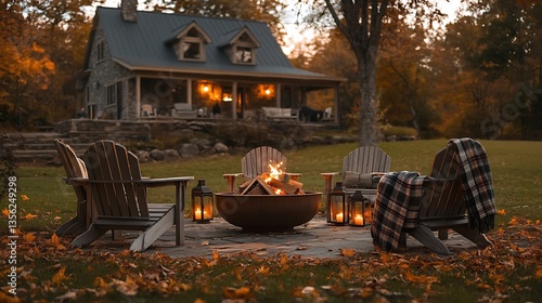 A charming farmhouse-inspired outdoor seating area around a large fire pit, rustic wooden Adirondack chairs with plaid blankets, vintage lanterns casting a soft glow, autumn leaves scattered around,