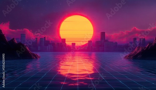 Retro futuristic city skyline at sunset, reflected on a gridded water surface. Dramatic vibrant colors evoke a nostalgic and stylized aesthetic