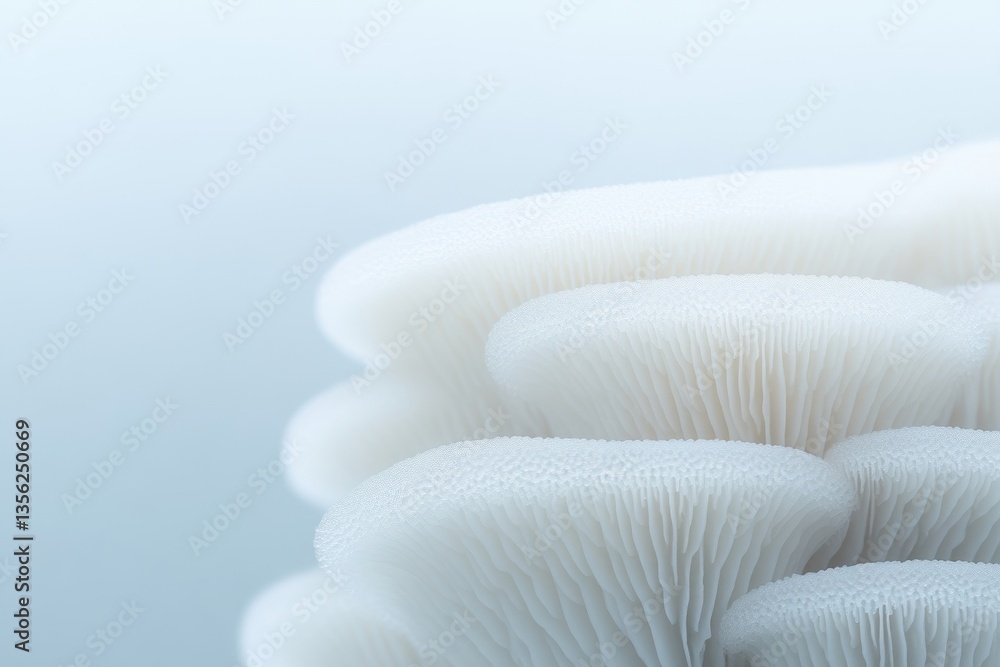 Close-up view of stacked white mushrooms, delicate and textured Close-up view of stacked white mushrooms, delicate and textured
