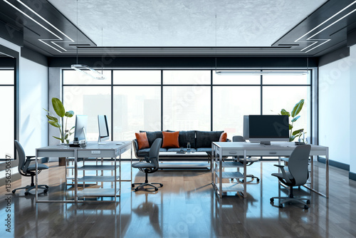 Foto Modern executive office with desks, chairs, and a sofa in a spacious room with large windows showcasing a city view