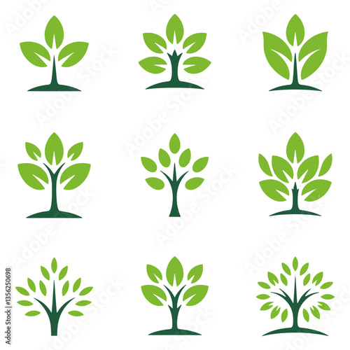 A set of green leafy symbols illustrations, including trees and leaves