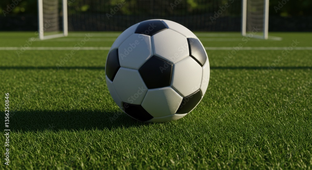 Fototapeta premium A Close-Up View of a Classic Black and White Soccer Ball Resting on a Lush Green Field