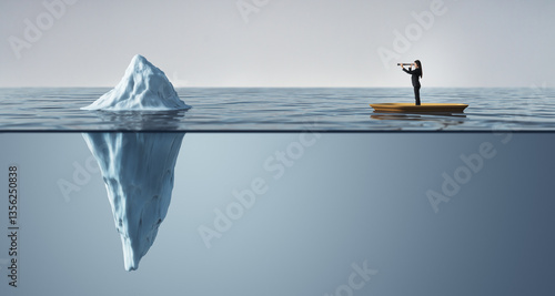 Businesswoman on a boat looking through a telescope at a floating iceberg, revealing a massive hidden part underwater. Concept of risk and strategy.