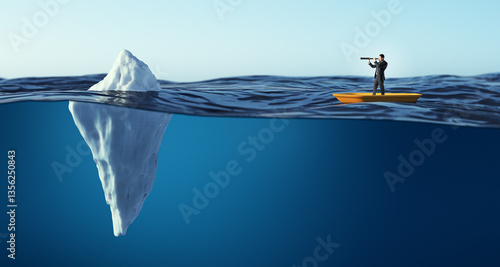 Fotografie Businessman on small boat looking through telescope at iceberg, symbolizing hidden risks and strategic vision