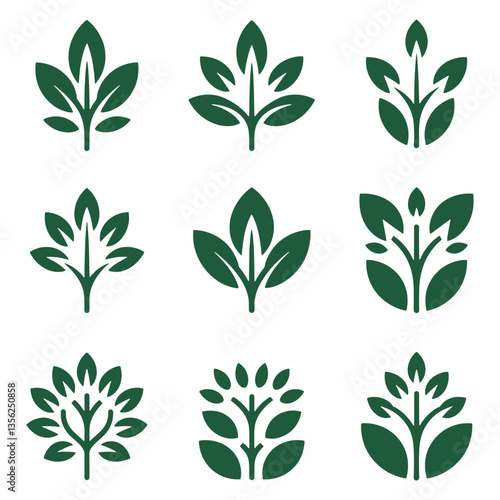 A set of green leafy symbols illustrations, including trees and leaves
