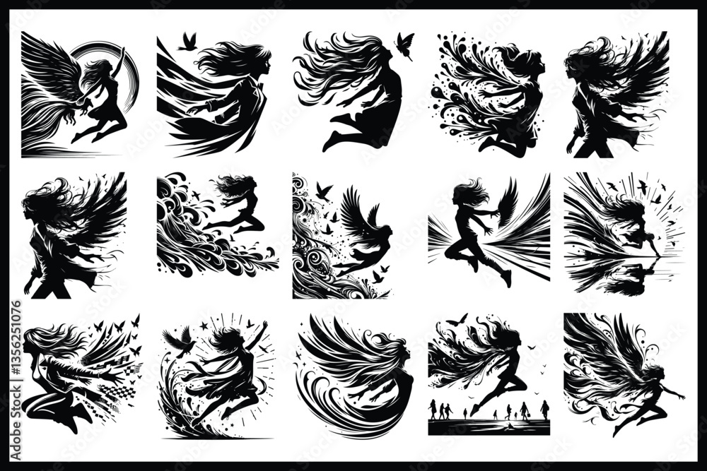 Fototapeta premium Flying Fairy Silhouette Vector Bundle