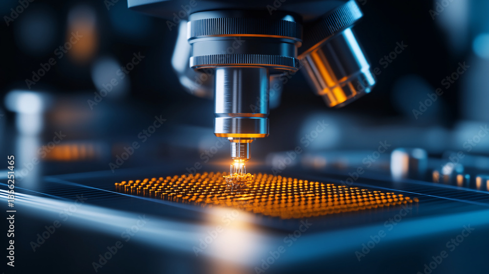 high tech microscope scanning nano scale 3D printed surface, showcasing intricate details and advanced technology. scene conveys precision and innovation in scientific research high tech microscope scanning nano scale 3D printed surface, showcasing intricate details and advanced technology. scene conveys precision and innovation in scientific research