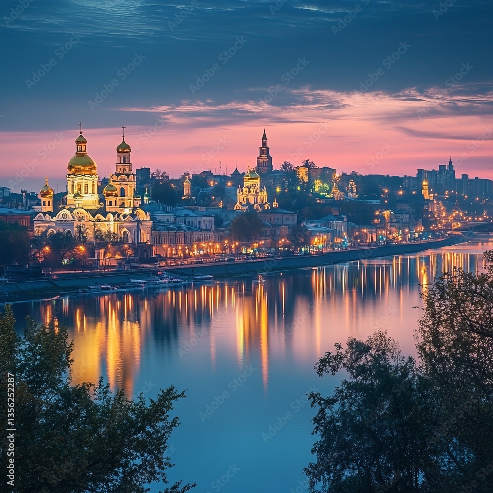 Obraz premium The majestic skyline of Kyiv at dusk, with the glowing golden domes of churches and the Dnipro River reflecting the soft hues of the sunset, serene and majestic.