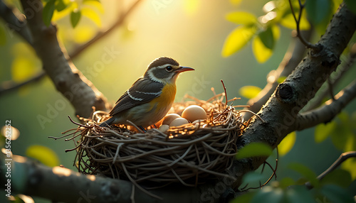 a small bird sits on a branch next to a nest with eggs in a tree
