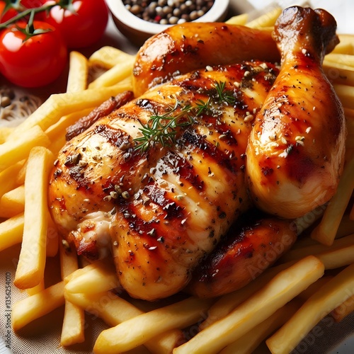 closeup of grilled chicken with french fries on a white background