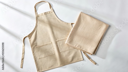 clean apron mockup concept. Natural linen apron and matching cloth on a light background.