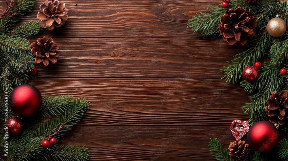 Festive holiday frame with pine branches, ornaments, and pine cones on a wooden background. Festive holiday frame with pine branches, ornaments, and pine cones on a wooden background.