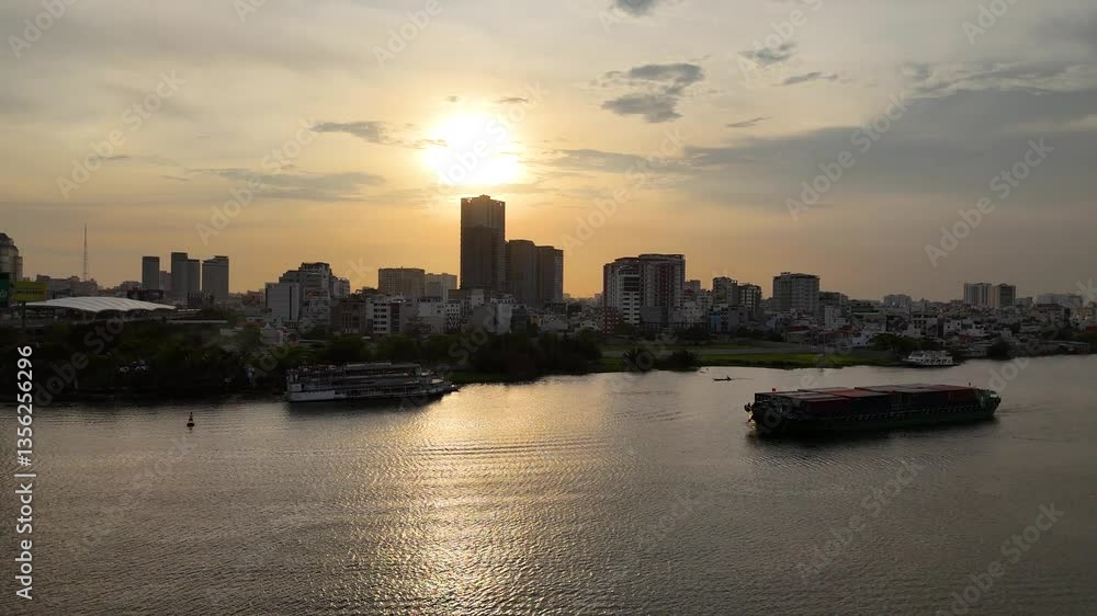Aerial view of Ho Chi Minh City street, Vietnam at sunset