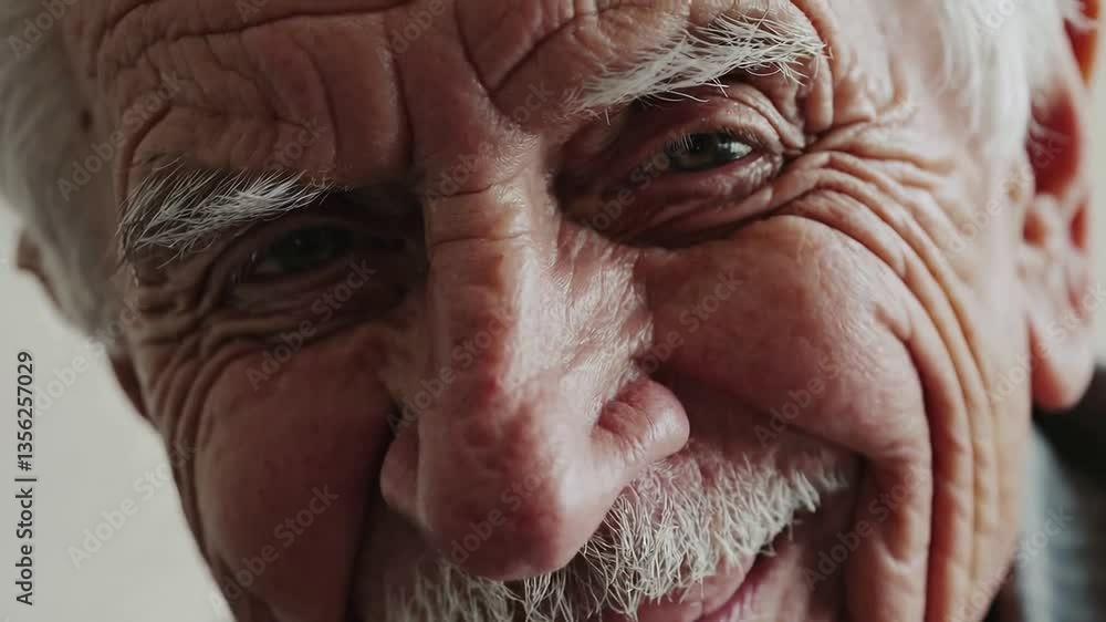 Elderly man expressing emotions with warm smile and eye contact in closeup sequence Elderly man expressing emotions with warm smile and eye contact in closeup sequence