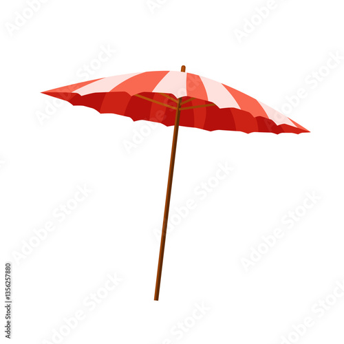 Beach parasol. White red sun umbrella isolated on white. Summer sunshade icon. Vector illustration of holidays in tropics.