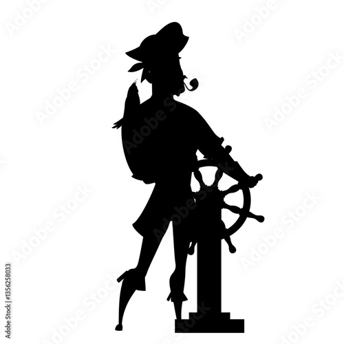 Black silhouette of pirate captain standing at ship wheel, wearing hat and smoking pipe, and parrot sits on his shoulder. Cartoon vector illustration.