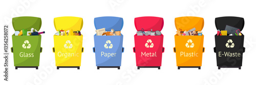 Recycling bins set for waste sorting: glass, organic, paper, metal, plastic and e-waste. Color-coded trash containers. Flat vector illustrations for environmental awareness and waste management.