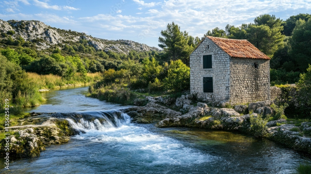 Rustic stone house nestled near Krka river cascades in Croatia landscape Rustic stone house nestled near Krka river cascades in Croatia landscape