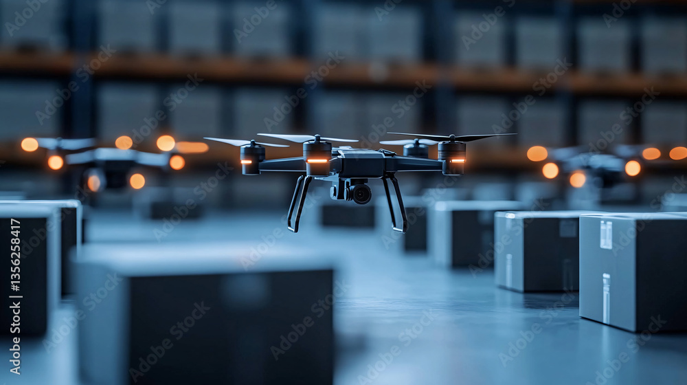 Obraz premium modern warehouse scene featuring drone flying above stacked boxes, showcasing advanced technology and automation logistics. atmosphere is efficient and high tech, emphasizing role of drones