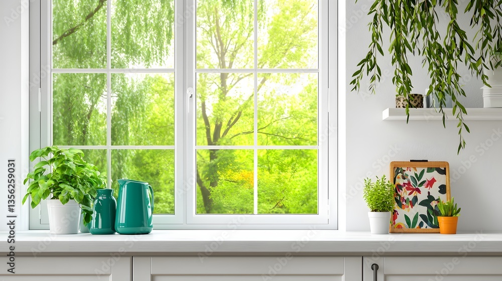 Bright and Inviting Kitchen Window with Lush Greenery and Potted Plants on a Sunny Day Bright and Inviting Kitchen Window with Lush Greenery and Potted Plants on a Sunny Day