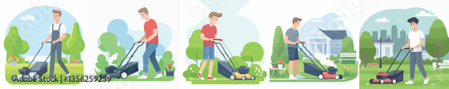 Vector of a person mowing the lawn.