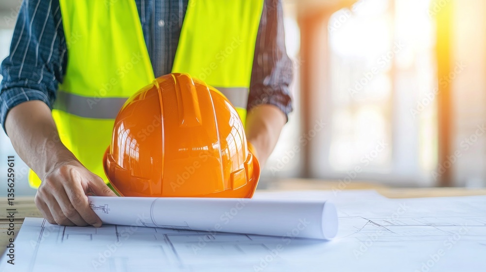 Architect reviewing blueprints for construction project in modern office environment Architect reviewing blueprints for construction project in modern office environment