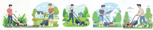 Vector of a person mowing the lawn.