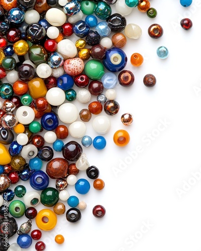 Colorful Glass Beads Scattered on White Background