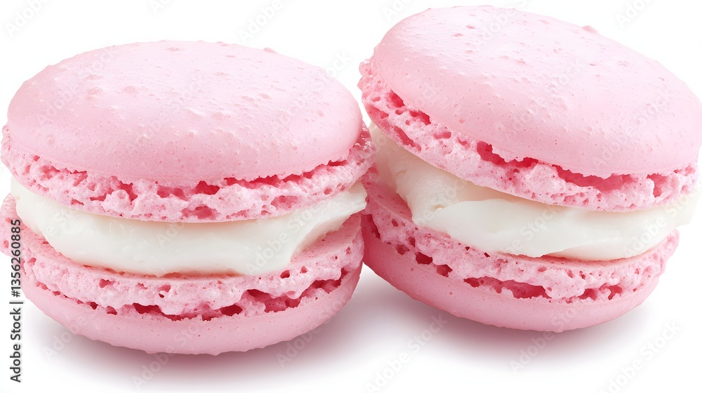 Two Pink Macarons with Cream Filling Displayed on a White Background Two Pink Macarons with Cream Filling Displayed on a White Background