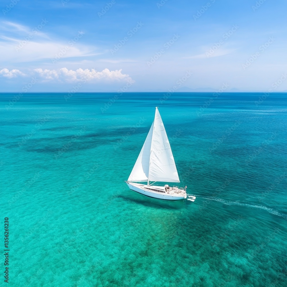 Obraz premium Tranquil Seascape with a Single Sailboat on Clear Blue Water