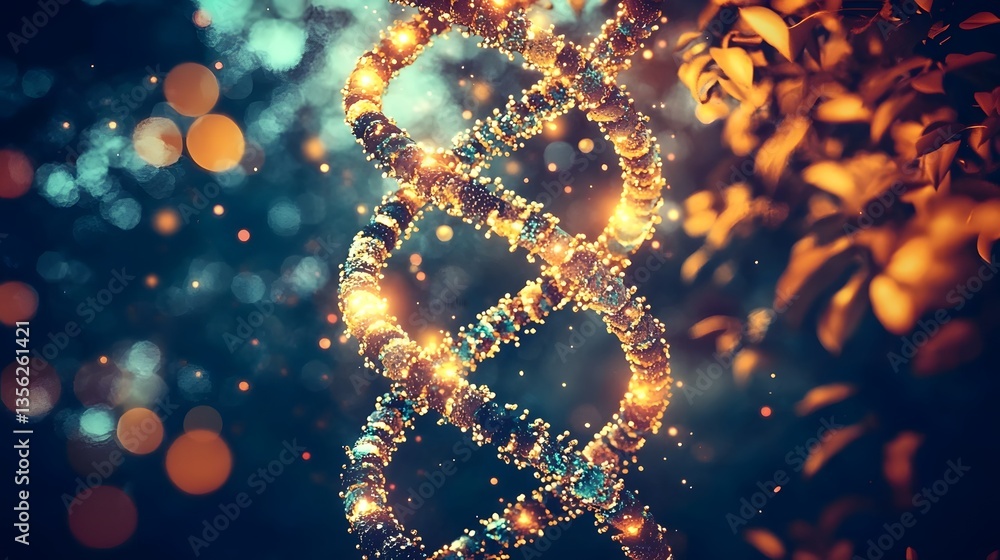 Abstract Representation of a Glowing DNA Helix in a Colorful Bokeh Background at Night Abstract Representation of a Glowing DNA Helix in a Colorful Bokeh Background at Night