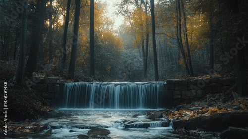 Enchanting waterfall cascading through an autumnal forest landscape