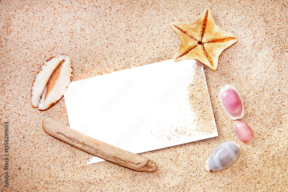 White or transparent note on white beach sand, starfish and shells, summer message, cut out png
