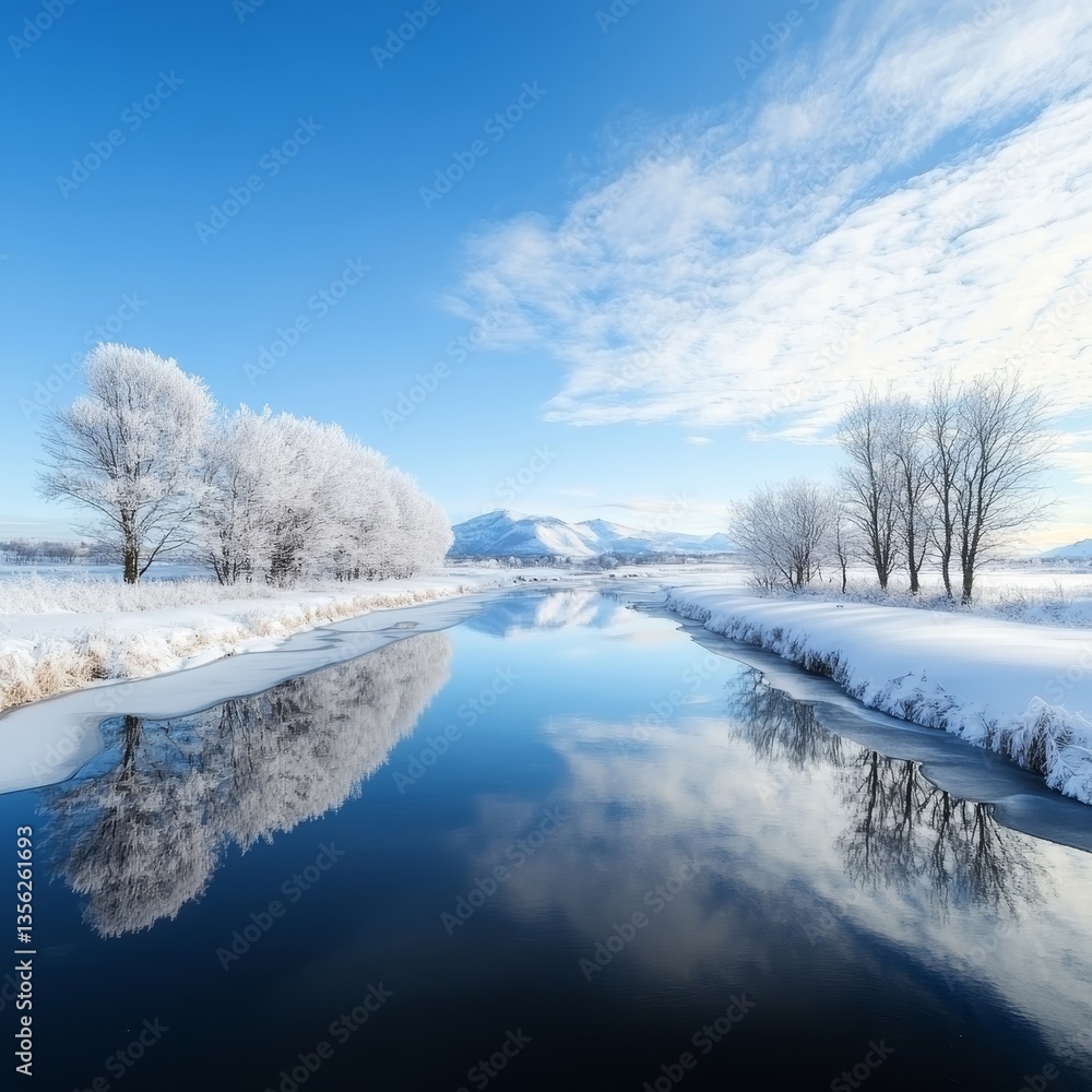 Serene Winter Landscape with Snowy Trees and Calm River Reflection Serene Winter Landscape with Snowy Trees and Calm River Reflection