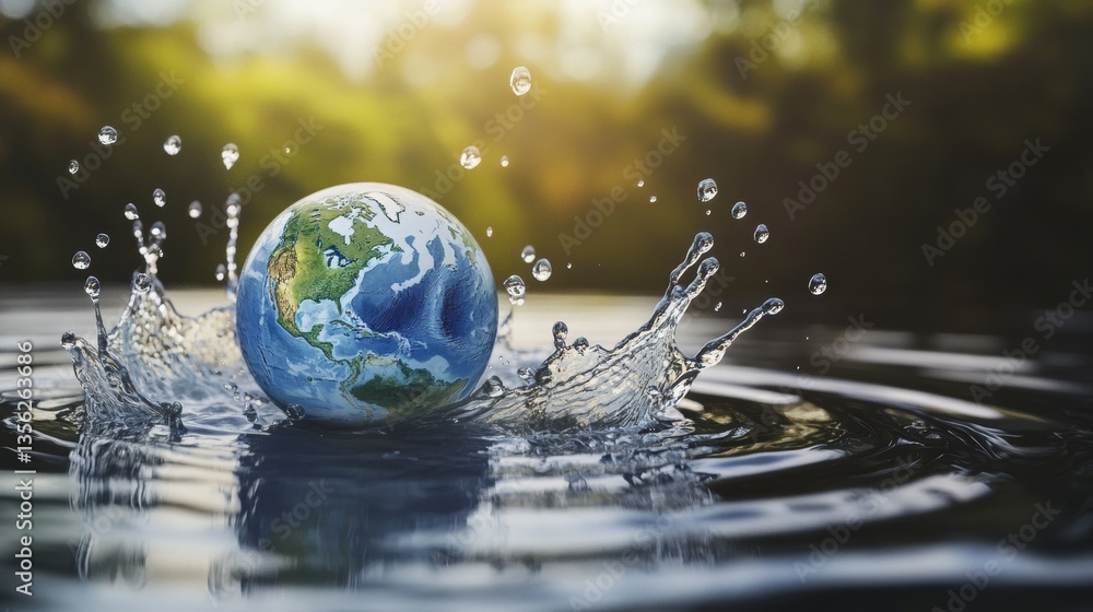 World globe splashing in water, symbolizing Earth Day awareness, environmental conservation, nature protection, sustainability, clean water, climate change impact. World globe splashing in water, symbolizing Earth Day awareness, environmental conservation, nature protection, sustainability, clean water, climate change impact.