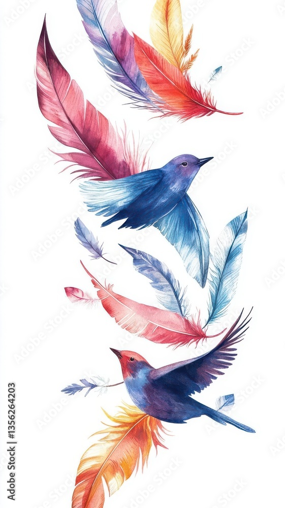 Obraz premium Fantasy feather pattern, morphing bird forms, surreal flight texture, Watercolor style