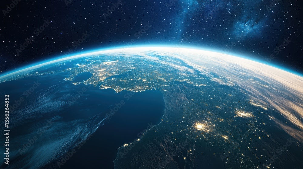 Earth view from space, blue planet, climate change awareness, international collaboration, renewable energy, Earth Day, environmental sustainability, cosmic perspective. Earth view from space, blue planet, climate change awareness, international collaboration, renewable energy, Earth Day, environmental sustainability, cosmic perspective.