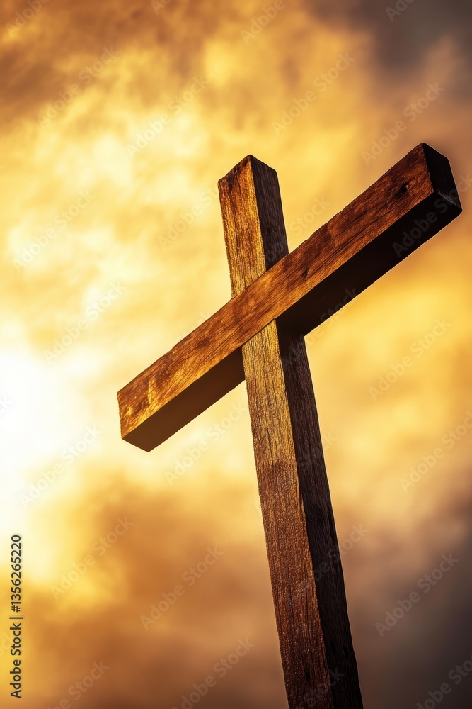 Fototapeta premium Wooden cross silhouette against dramatic sunset sky, symbolizing faith, hope, and spirituality for Easter, Good Friday, and religious celebrations.
