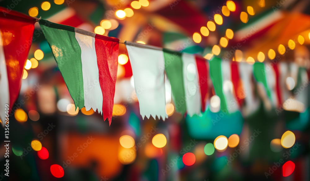Strings of Mexican flags in a street at night, patriotic Mexican party, Mexico national Independence day or Cinco de Mayo celebration