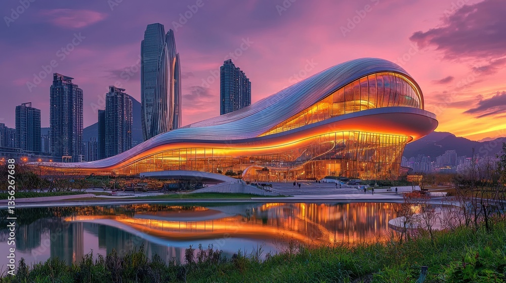 Obraz premium Stunning futuristic building with a unique design reflecting in the calm river at a colorful sunset in the modern city skyline