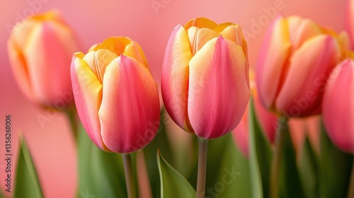 Vibrant tulips in shades of pink and yellow bloom gracefully against a soft, blurred background, creating a cheerful springtime atmosphere.