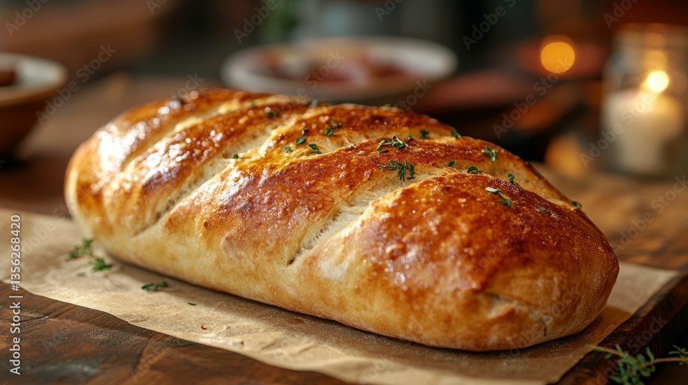Freshly baked loaf of bread on a wooden table with herbs and warm lighting in a cozy kitchen atmosphere Freshly baked loaf of bread on a wooden table with herbs and warm lighting in a cozy kitchen atmosphere