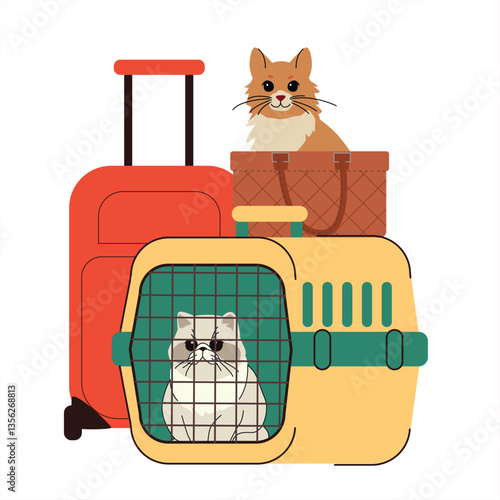 illustration of an orange cat in a travel bag and a Persian cat in a pet carrier, alongside luggage Ideal for pet travel and transportation themes, highlighting safe and comfortable journeys for pets
