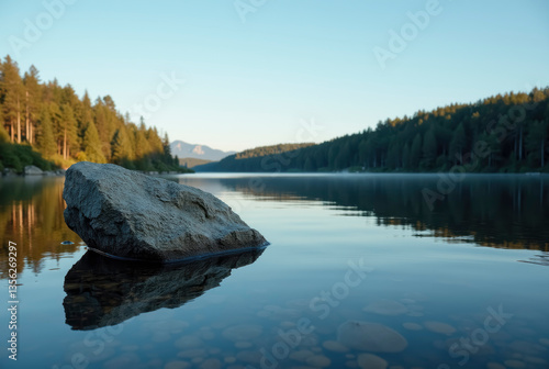 Still lake landscape at sunrise with rocky foreground. Peaceful nature scene for backgrounds or travel concepts.