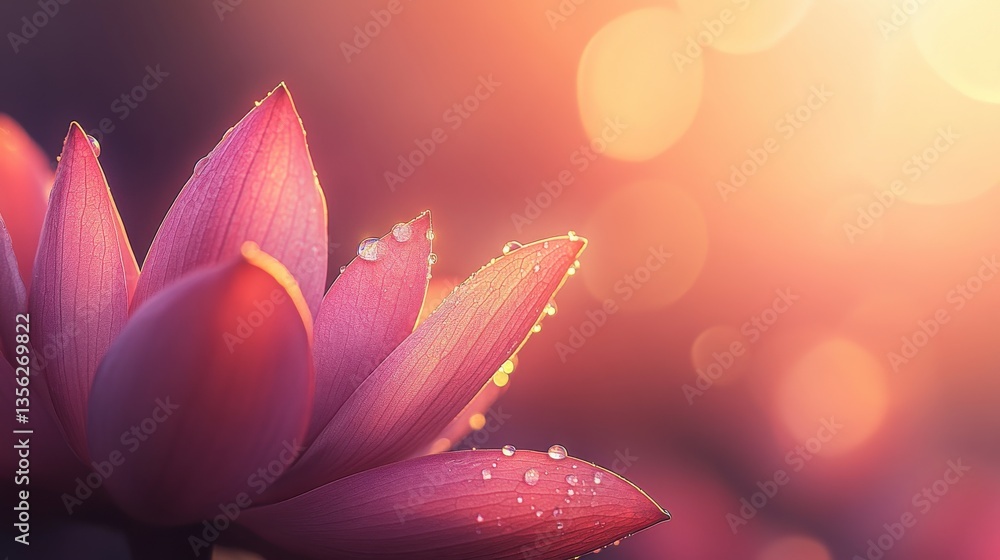 Fototapeta premium Close-Up of a Beautiful Pink Lotus Flower with Dew Drops at Sunset