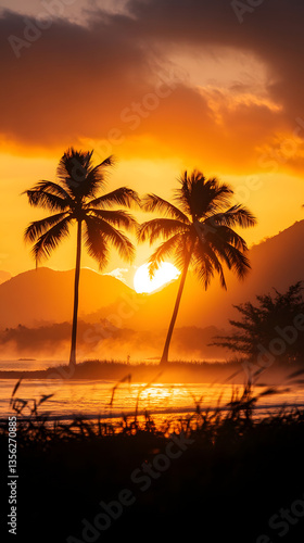 Tropical Sunset with Palm Trees Silhouette