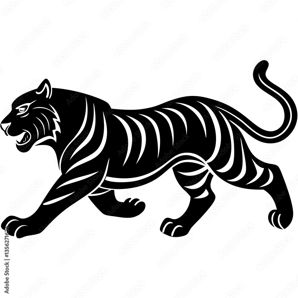 Running tiger silhouette vector black outline, white background Running tiger silhouette vector black outline, white background