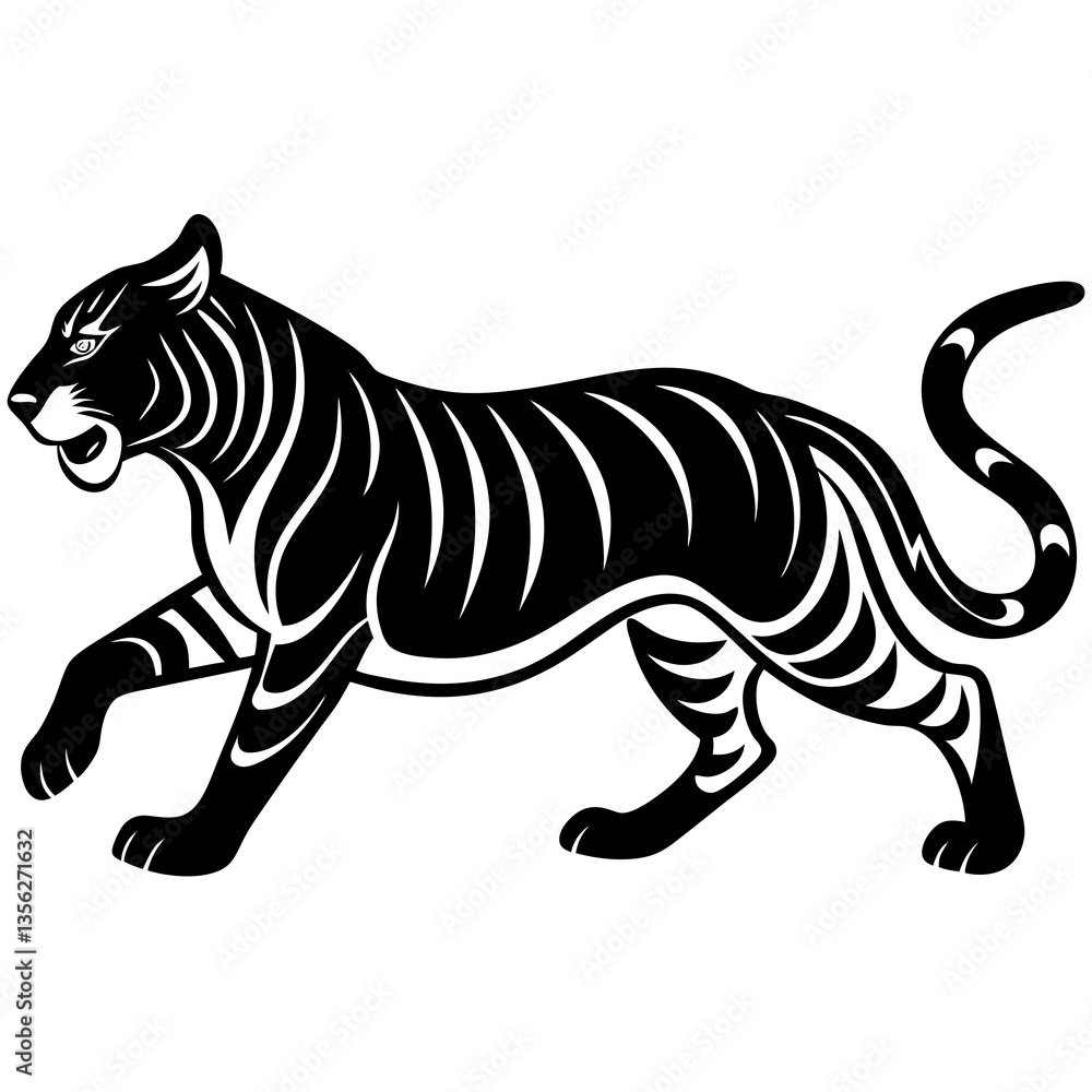 Fototapeta premium Running tiger silhouette vector black outline, white background